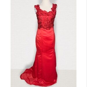 Red Mermaid Sleeveless Floral Lace Embroidered Beaded Fitted Formal Prom XS